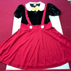 MINNIE MOUSE RED DRESS disney flared skirt black velvet puff sleeve yellow bow S